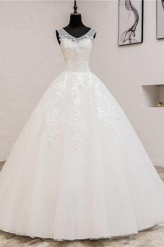 Glamorous Sweetheart Tulle Lace Wedding Dress Ball Gown Sleeveless Appliques Ball Gowns On Sale-27dress