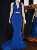 Glamorous Trumpet/Mermaid Halter Jersey Prom Dress With Glitter Sweep Train & Beading