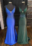 Glamorous Trumpet/Mermaid V Neck Jersey Prom Dress with Spaghetti Straps & Beading-27dress