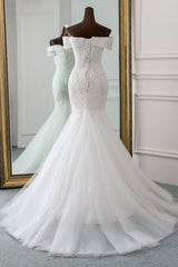 Glamorous Tulle Lace Off-the-Shoulder White Mermaid Wedding Dresses Online-27dress