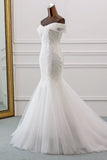 Glamorous Tulle Lace Off-the-Shoulder White Mermaid Wedding Dresses Online-27dress