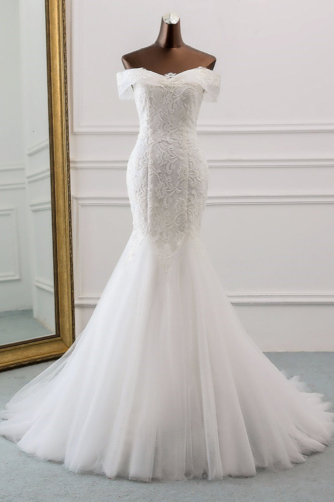 Glamorous Tulle Lace Off-the-Shoulder White Mermaid Wedding Dresses Online-27dress