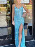 Glamorous V-neck Ball Gown/Princess Floor-length Sequined Glitter Split Front Prom Dress