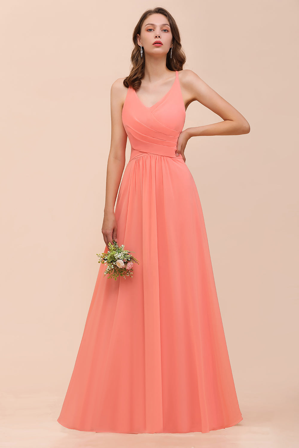 Glamorous V-Neck Coral Chiffon Bridesmaid Dress Affordable with Ruffle-27dress