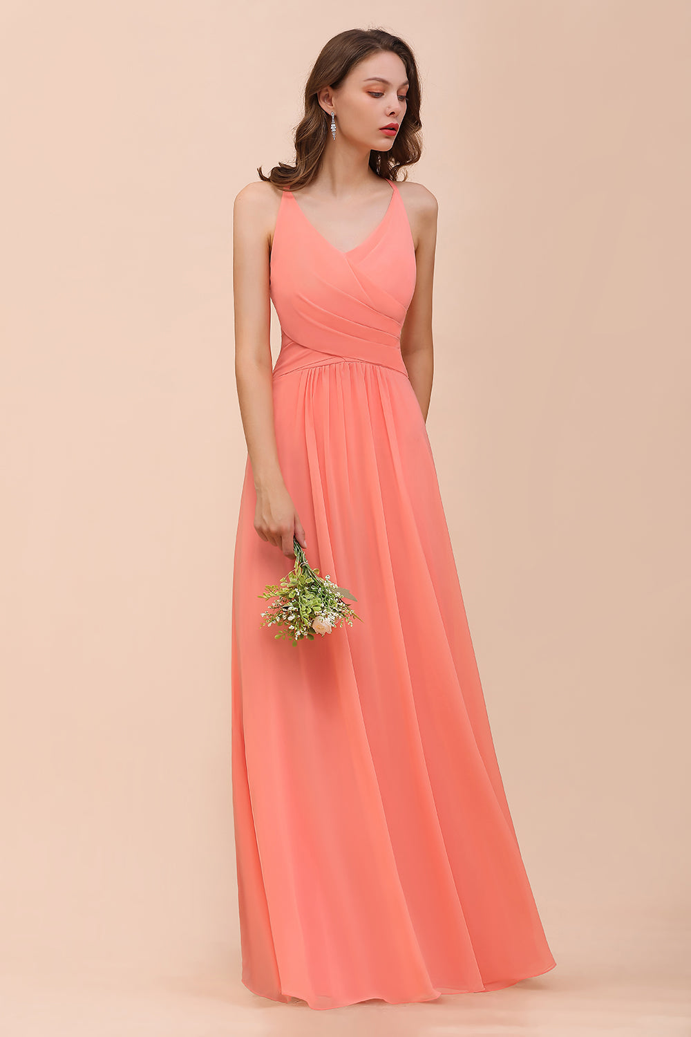 Glamorous V-Neck Coral Chiffon Bridesmaid Dress Affordable with Ruffle-27dress