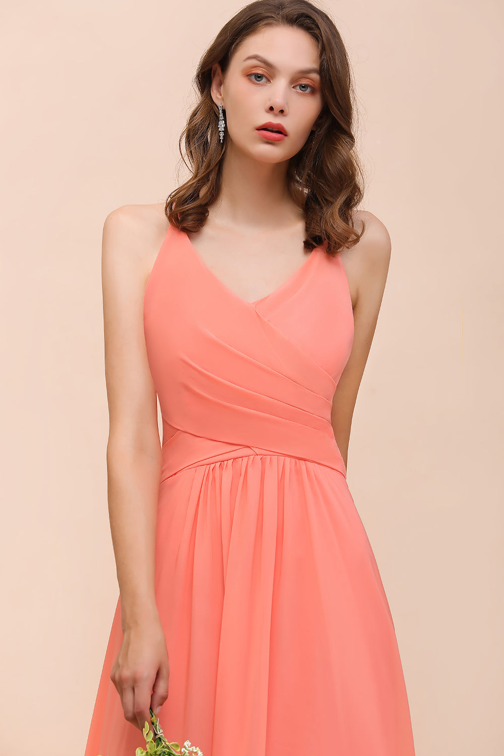 Glamorous V-Neck Coral Chiffon Bridesmaid Dress Affordable with Ruffle-27dress