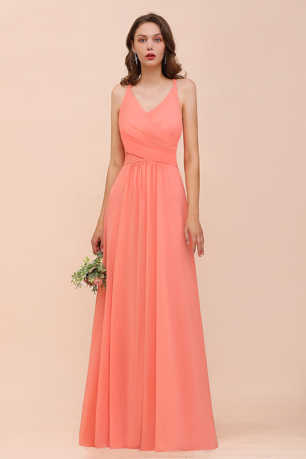 Glamorous V-Neck Coral Chiffon Bridesmaid Dress Affordable with Ruffle-27dress