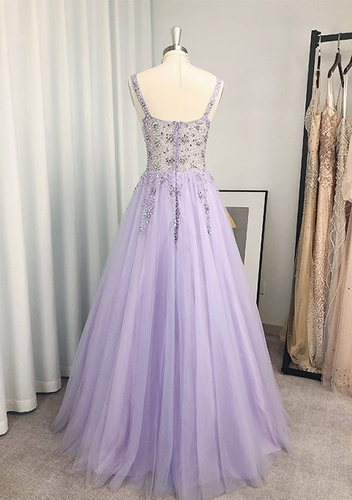 Glamorous V Neck Long Tulle Prom Dress With Beading Sequins-27dress