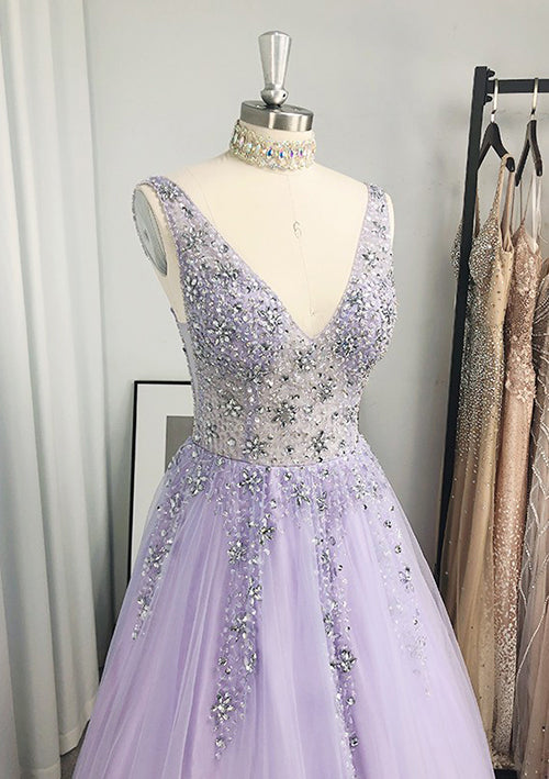 Glamorous V Neck Long Tulle Prom Dress With Beading Sequins-27dress