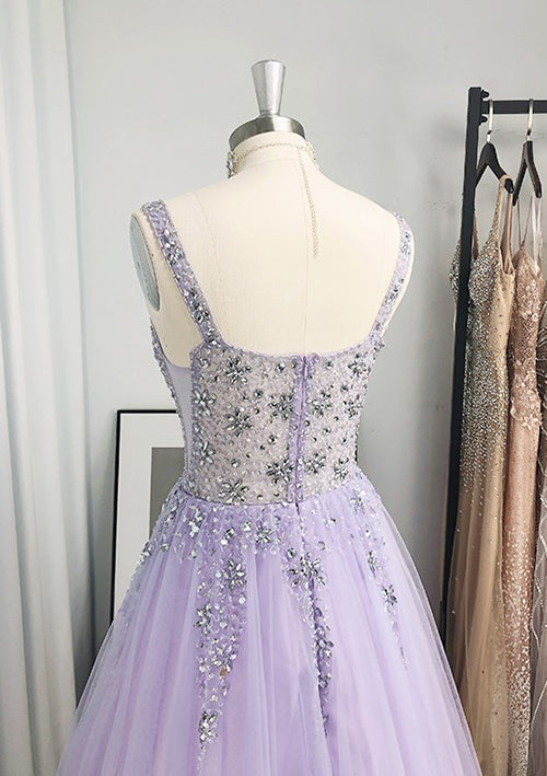 Glamorous V Neck Long Tulle Prom Dress With Beading Sequins-27dress