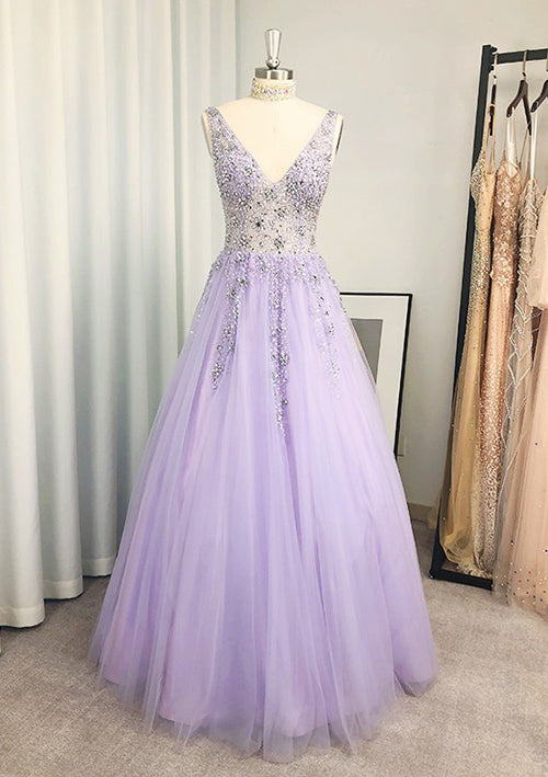 Glamorous V Neck Long Tulle Prom Dress With Beading Sequins-27dress