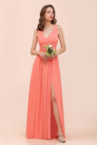 Glamorous V-Neck Ruffle Chiffon Long Bridesmaid Dress With Slit-27dress