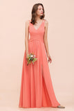 Glamorous V-Neck Ruffle Chiffon Long Bridesmaid Dress With Slit-27dress