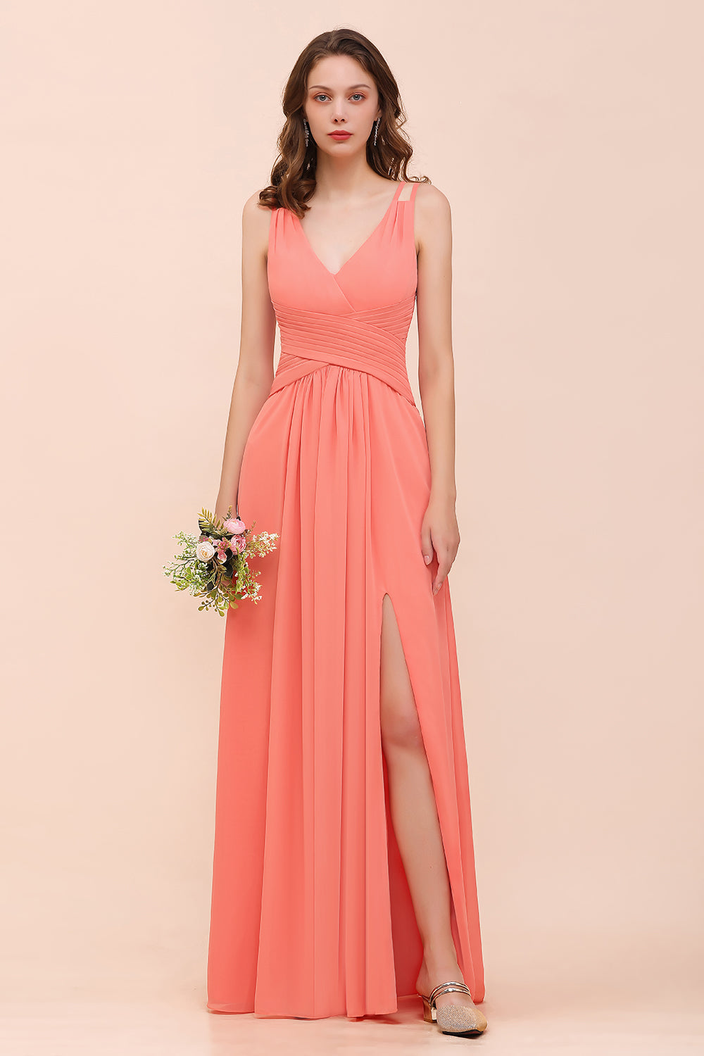 Glamorous V-Neck Ruffle Chiffon Long Bridesmaid Dress With Slit-27dress