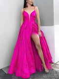 Glamorous V-neck Satin Split Front Ball Gown for Prom