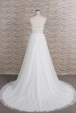 Glamorous V-neck Spaghetti Straps White Wedding Dresses A-line Sleeveless Tulle Lace Bridal Gowns Online-27dress