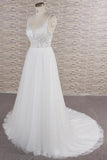 Glamorous V-neck Spaghetti Straps White Wedding Dresses A-line Sleeveless Tulle Lace Bridal Gowns Online-27dress