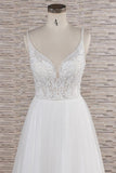 Glamorous V-neck Spaghetti Straps White Wedding Dresses A-line Sleeveless Tulle Lace Bridal Gowns Online-27dress