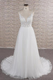 Glamorous V-neck Spaghetti Straps White Wedding Dresses A-line Sleeveless Tulle Lace Bridal Gowns Online-27dress