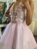 Glamorous V-neck Tulle Glitter Appliques Lace Ball Gown/Princess Floor-length Prom Dresses