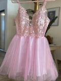 Glamorous V-neck Tulle Glitter Appliques Lace Ball Gown/Princess Floor-length Prom Dresses