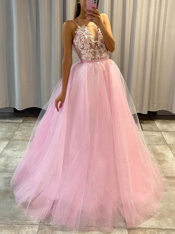 Glamorous V-neck Tulle Glitter Appliques Lace Ball Gown/Princess Floor-length Prom Dresses