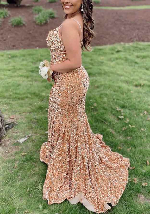 Glamorous Velvet Sequined Trumpet/Mermaid V-Neck Sleeveless Court Train Prom Dress-27dress