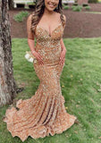 Glamorous Velvet Sequined Trumpet/Mermaid V-Neck Sleeveless Court Train Prom Dress-27dress