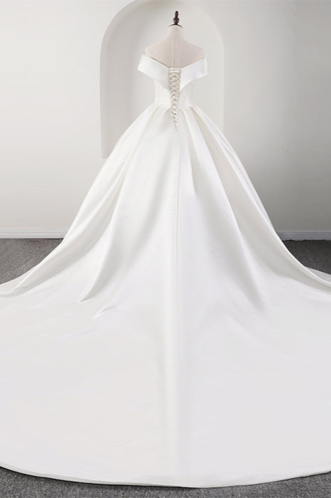 Glamorous White Satin Ruffles Wedding Dresses Off-the-shoulder A-line Bridal Gowns Online-27dress