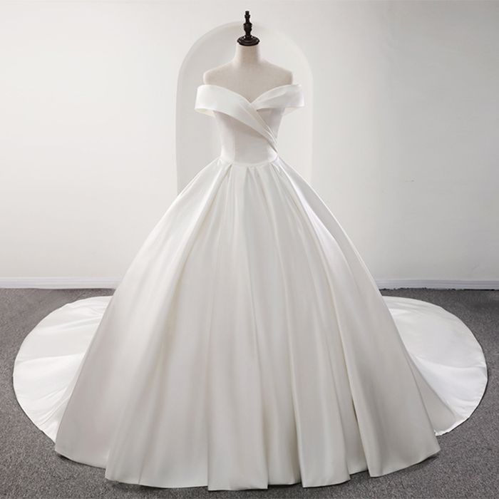 Glamorous White Satin Ruffles Wedding Dresses Off-the-shoulder A-line Bridal Gowns Online-27dress