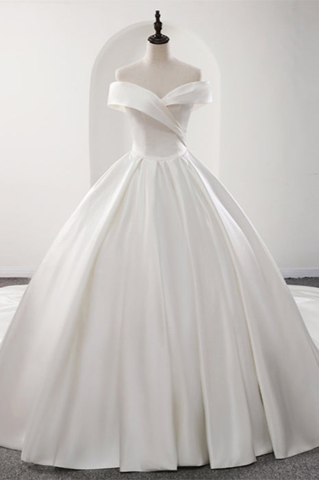 Glamorous White Satin Ruffles Wedding Dresses Off-the-shoulder A-line Bridal Gowns Online-27dress