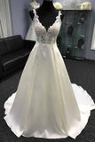 Glamorous White Satin V-Neck Wedding Dress A-Line Halter Bridal Gowns On Sale-27dress