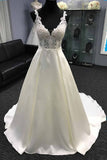 Glamorous White Satin V-Neck Wedding Dress A-Line Halter Bridal Gowns On Sale-27dress