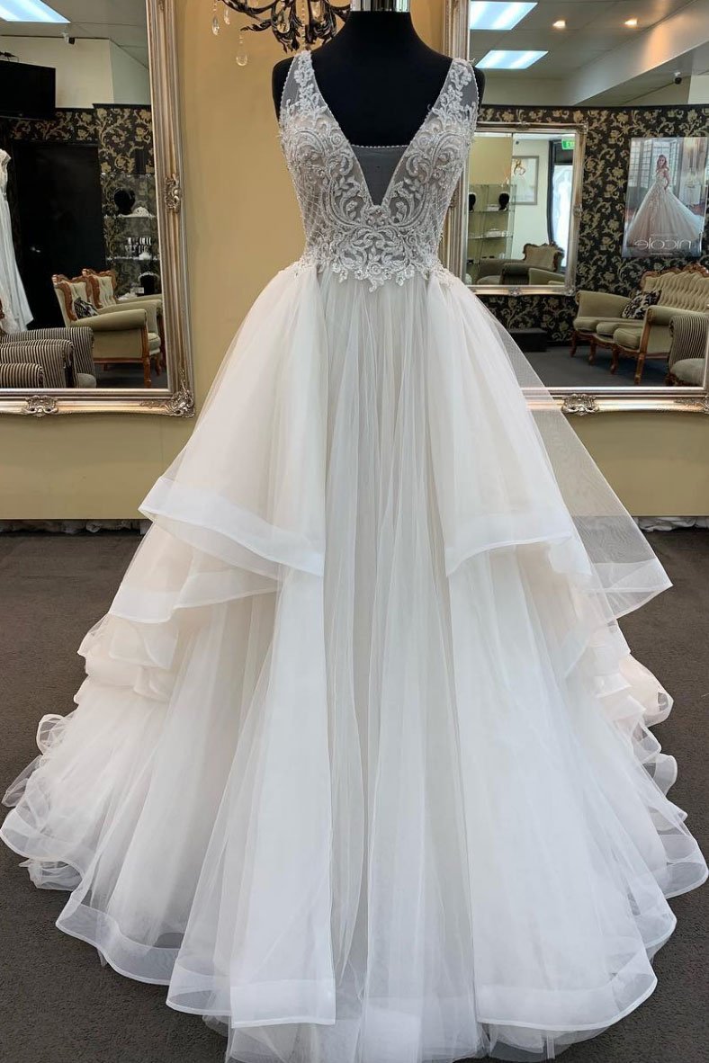 Glamorous White Tulle Lace Ruffles White Wedding Dress Sleeveless Appliques Bridal Gowns On Sale-27dress
