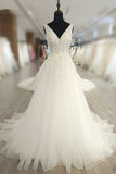 Glamorous White Tulle Lace Wedding Dress V-Neck Sleeveless Appliques Bridal Gowns On Sale-27dress