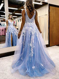 Glitter Appliques Lace Prom Dress - Ball Gown/Princess Sweep Train V-neck Tulle