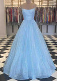 Glitter Beaded A-line Spaghetti Straps Long Tulle Prom Dress-27dress