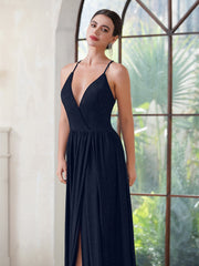 Glitter Long Spaghetti Straps V-Neck Front Split Backless Evening Dress-27dress