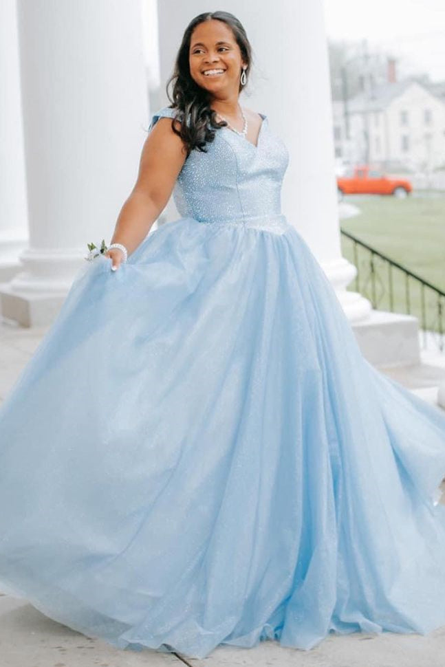 Glitter Off the Shoulder Light Blue Long Prom Dress