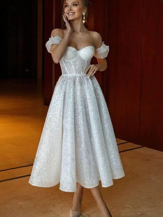 Glitter Tea-length Ball Gown Wedding Dress with Off-the-shoulder Style
