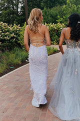 Glittering Lace-Up Mermaid White Long Prom Dress