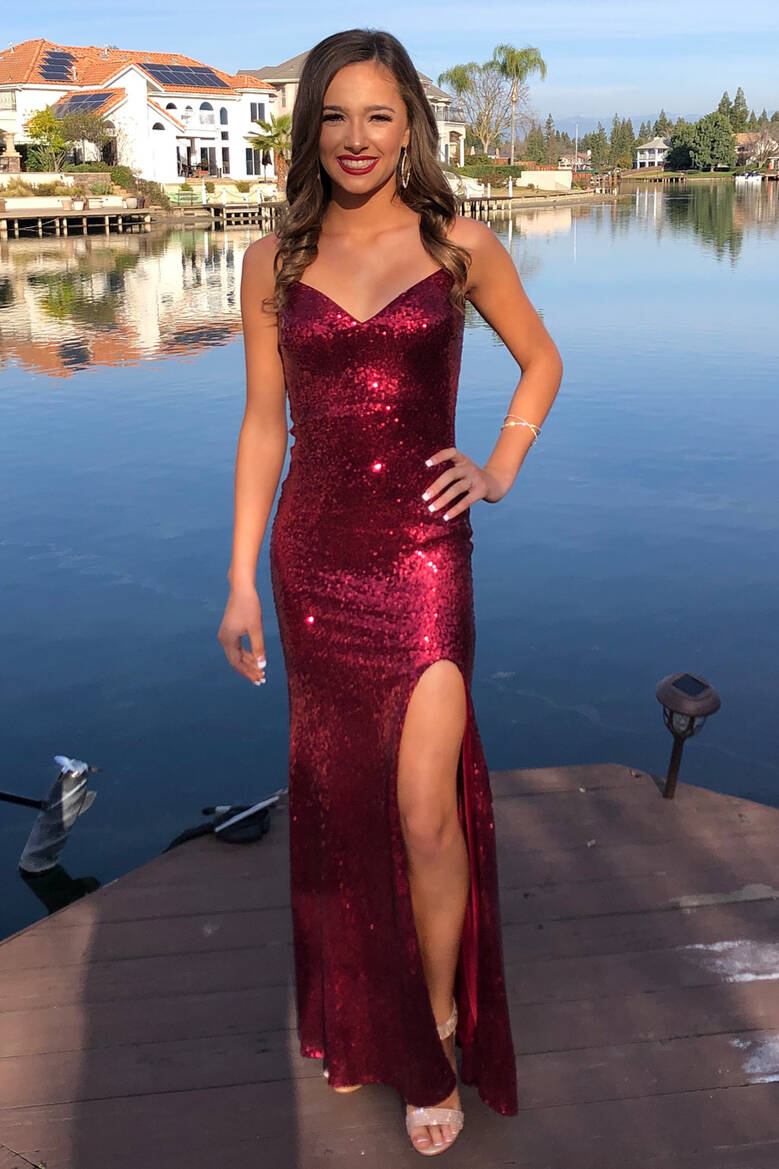 Glittery V-Neck Mermaid Long Burgundy Prom Dress