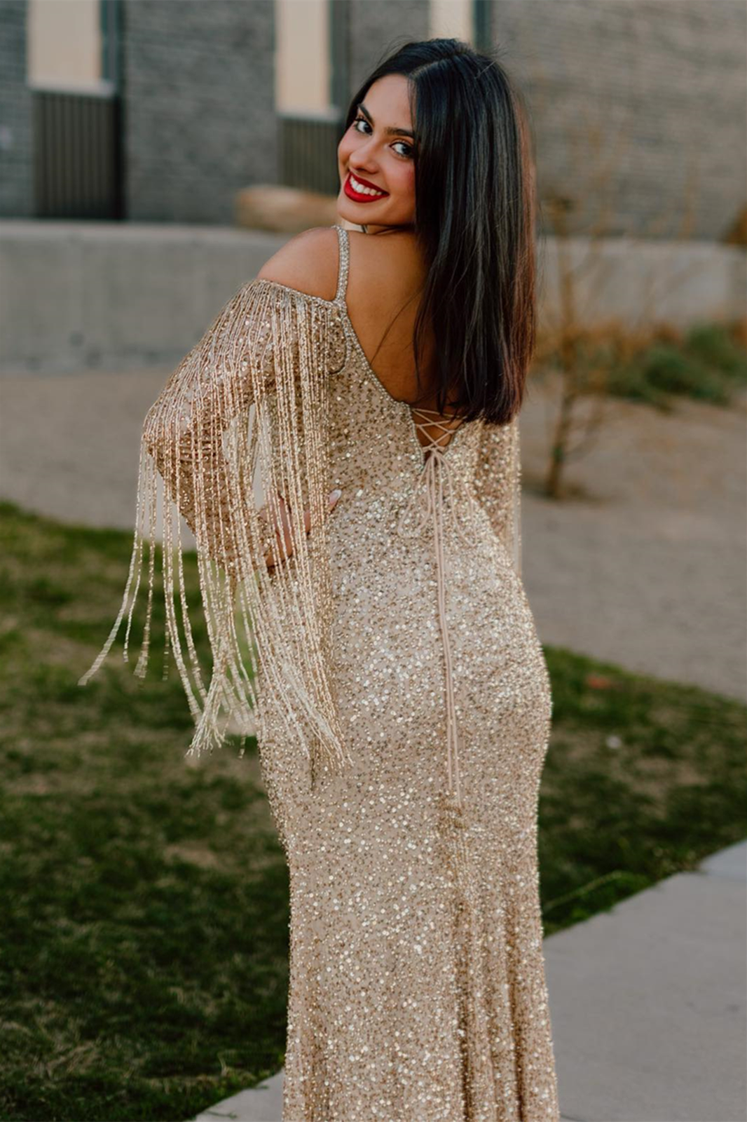 Gold Off-the-Shoulder Long Sleeves Sequins Long Prom Dress with Tassels