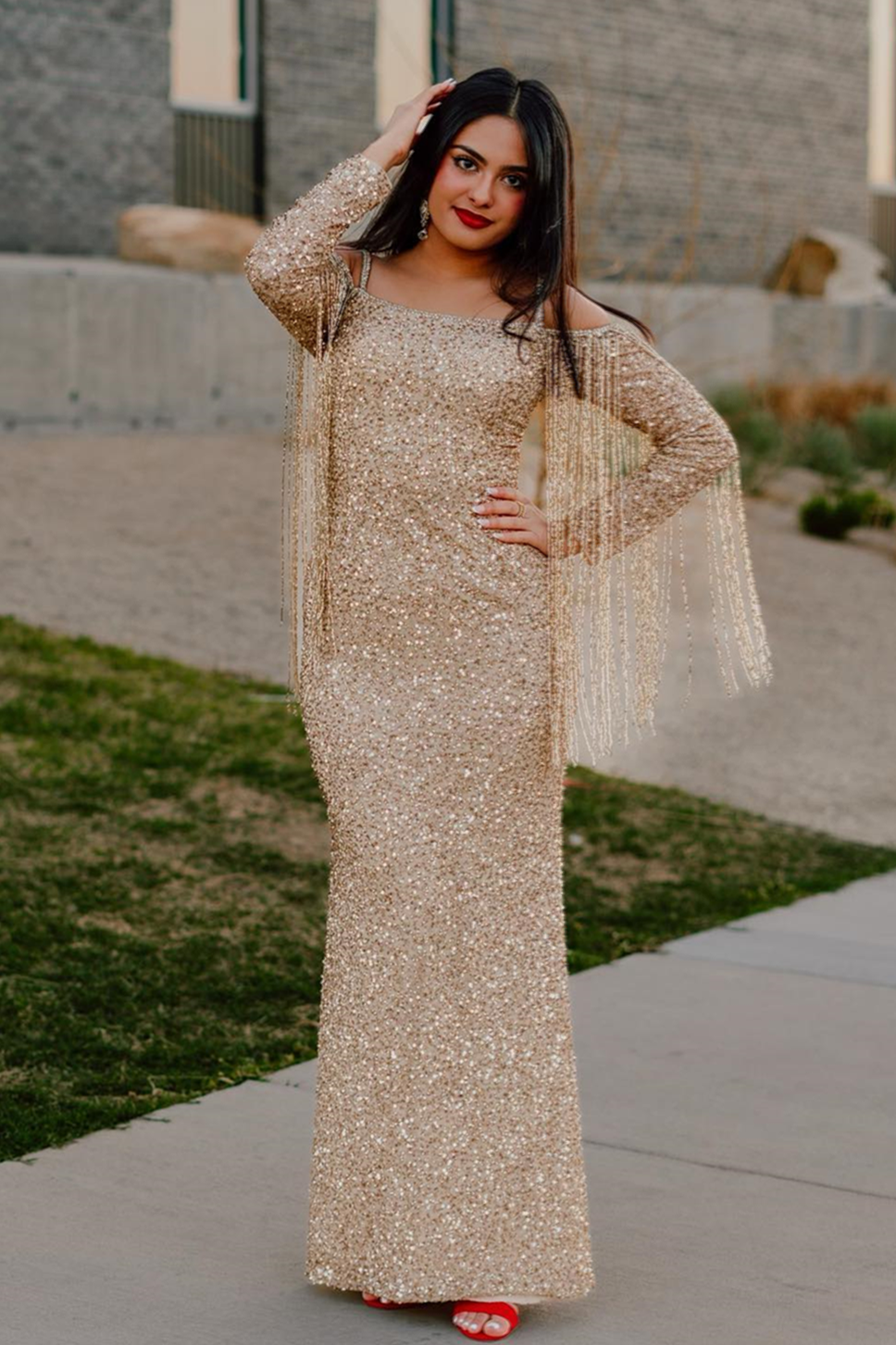 Gold Off-the-Shoulder Long Sleeves Sequins Long Prom Dress with Tassels