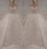 Gorgeous A-line Off-the-shoulder White Wedding Dresses V-neck Tulle Lace Bridal Gowns With Appliques Online-27dress