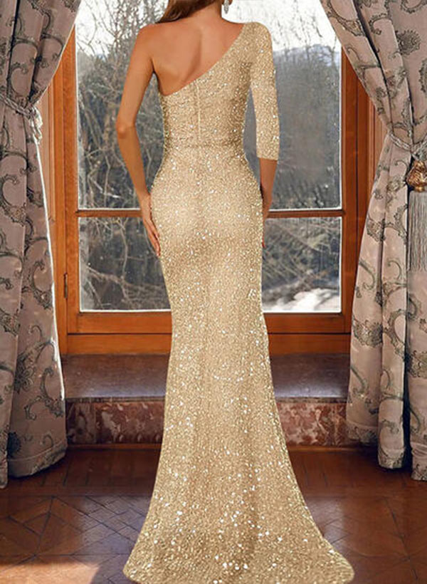 Gorgeous A-line Prom Dress with One-Shoulder Sequined Long Sleeves and Split Front-27dress