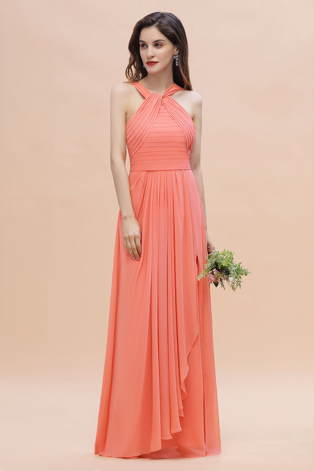 Gorgeous A-Line Sleeveless Coral Chiffon Bridesmaid Dress with Ruffles On Sale-27dress