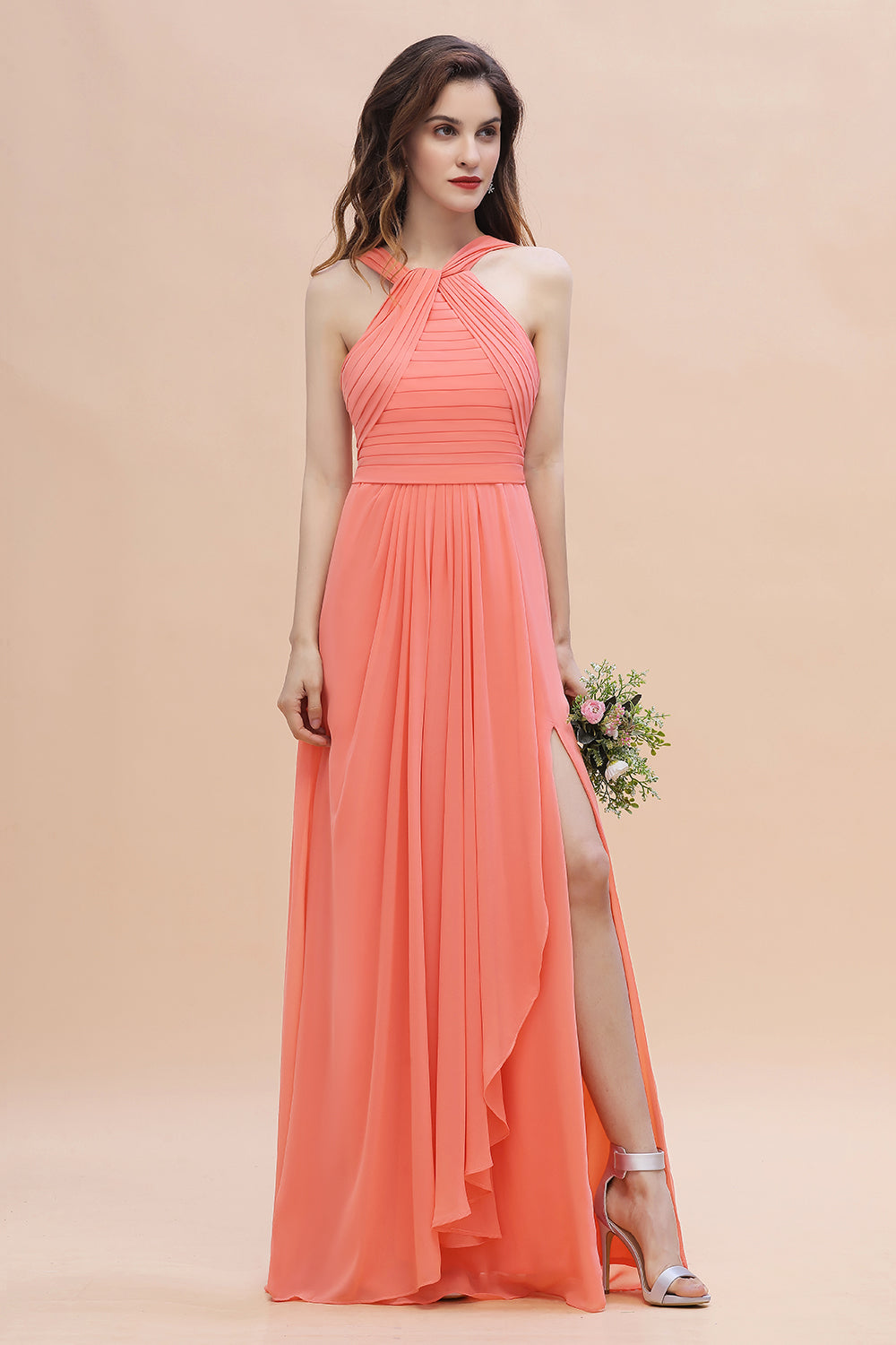 Gorgeous A-Line Sleeveless Coral Chiffon Bridesmaid Dress with Ruffles On Sale-27dress