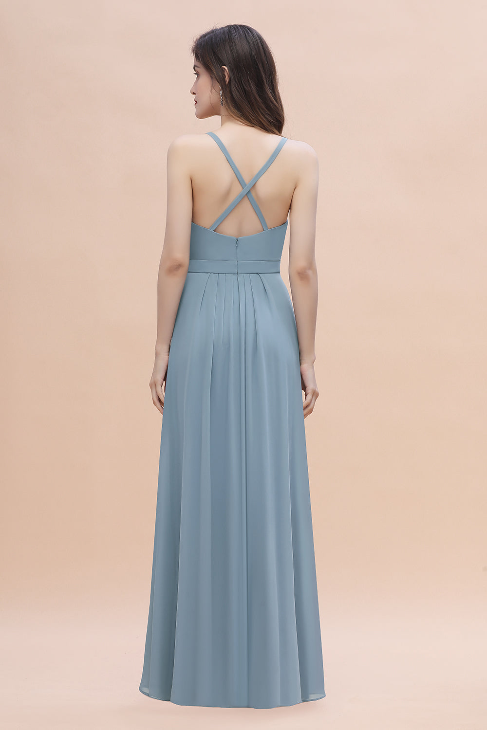 Gorgeous A-Line Straps Dusty Blue Chiffon Bridesmaid Dress with Ruffles On Sale-27dress