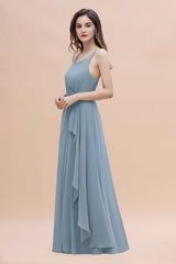 Gorgeous A-Line Straps Dusty Blue Chiffon Bridesmaid Dress with Ruffles On Sale-27dress